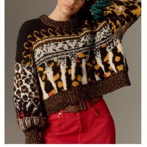 Anthropologie PILCRO Wool Blend Multicolor Animal Print Chunky Sweater Size XXS